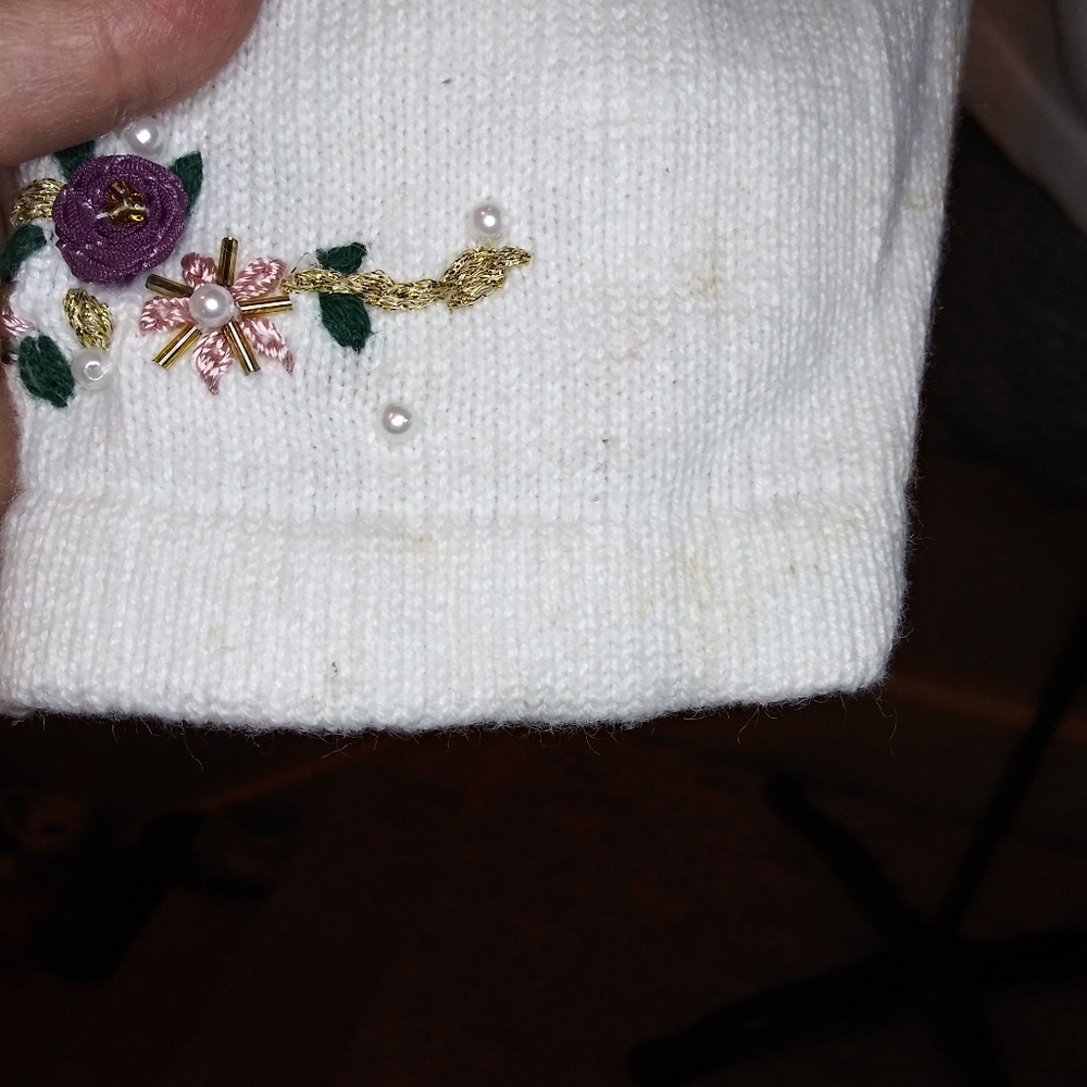 Vintage Pearl/Ribbon Trimmed Cottagecore Style "Ugly" Christmas Stocking Sweater - Picture 7 of 14